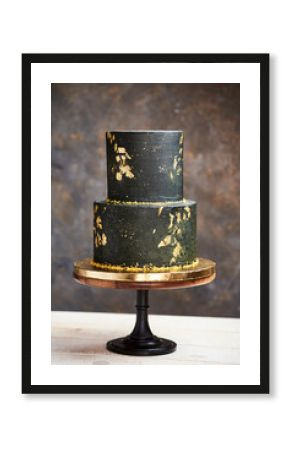 elegant black and gold wedding cake with a modern and luxurious boho look on a wood base