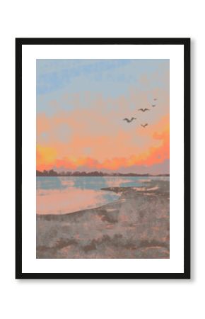 Modern Boho Pinkish Sea Beach with Birds Art Print. Abstract Minimal Art Poster. Bohemian printable wall art, boho poster, pastel abstract art, landscape drawing, sea painting. Abstract Arrangements