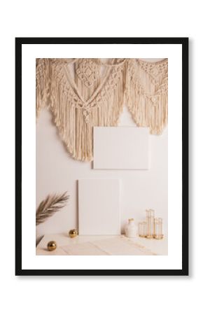 Mock up poster. Minimal template with empty picture frame mock up. White background, boho