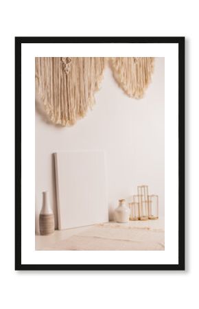 Mock up poster. Minimal template with empty picture frame mock up. White background, boho