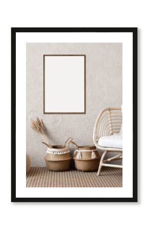 Blank picture frame mockup on a white wall. Portrait orientation. Artwork template mock up in interior design. View of modern boho style interior with chair.