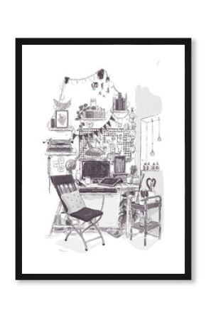 Illustration of cute boho artist studio