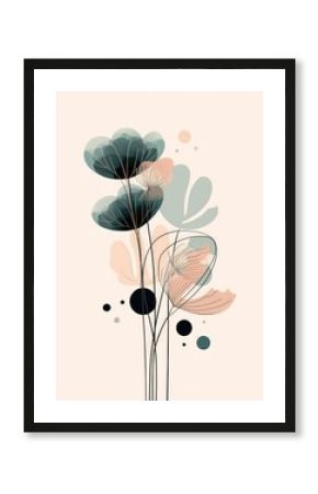 Poster with abstract flowers and circles on white background for home decor by Generative AI