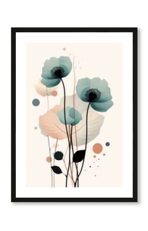 Poster with abstract flowers and circles on white background for home decor by Generative AI