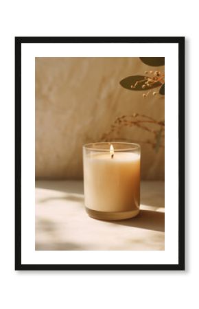 Minimalist burning wax candle in clear glass on natural beige stone background with copy space, styled commercial product mockup