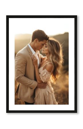 Engagement Portrait of A Handsome Man and Gorgeous Woman Standing in an Open Field 