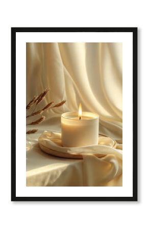 Burning soy wax candle in glass in cozy home interior or spa, wellness center. Handmade aromatic candle. Aromatherapy and relax concept. Vertical background.