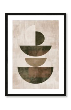 Wall art design displaying a serene, minimalist sage boho pattern with balanced brown and white shapes, aiming to achieve harmony.