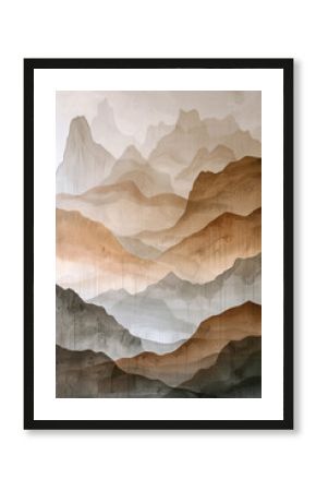 Brown and beige abstract mountain landscape. Modern boho neutral textured wall art. Vertical nature background.