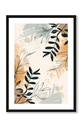 A soft, pastel-colored background with an abstract design of leaves and plants in black ink outlines. watercolor splashes, soft pastel tones, minimalist boho illustration