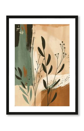  Abstract botanical boho illustration with plants, brush strokes and muted colors in terracotta and green beige tones