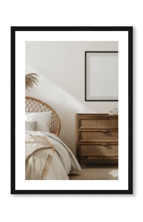 Bohemian-inspired bedroom with a rattan bed frame, soft bedding, and natural decor, featuring a blank framed mock-up poster on a white wall