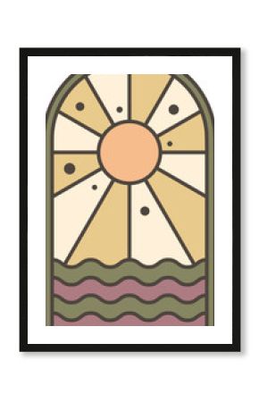 Desert boho logo with sun and river. Abstract bohemian illustration with sea minimal landscape. Arch and window for poster and decoration