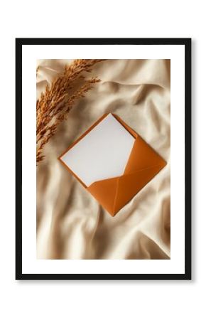 An orange envelope with a blank card placed stylishly on beige fabric, accompanied by dried wheat stalks ideal for invitations, greetings, or announcement visuals,