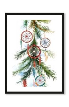 Create a whimsical boho Christmas tree branch clipart adorned with dreamcatchers, in a tilted angle view, watercolor styled, isolated on white