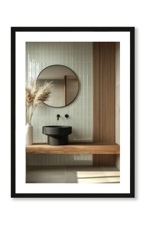 Modern bathroom with light green tiles, vessel sink, and wooden accents