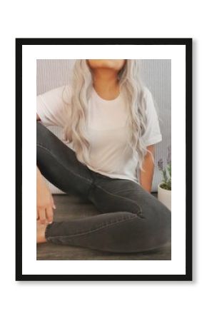 Shirt mockup in modern style.  Cool comfortable model mock-up in Boho aesthetic.  Simple Mockup, summer clothing for design, branding, front.  Women fashion streetwear template.