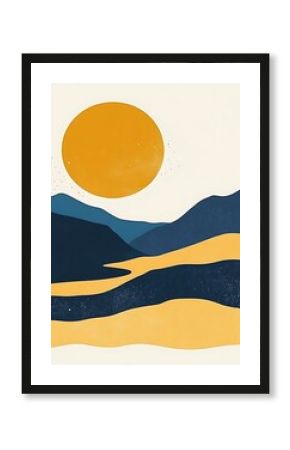 Abstract Minimalist Mountain Landscape With Yellow Sun