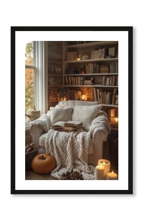 Cozy autumn reading nook with armchair, blanket, candles, and a bookshelf. Concept of home comfort and relaxation