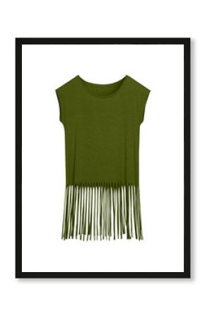 Khaki blank boho style summer t-shirt with long fringes isolated on white