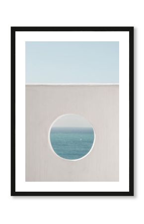 Wall with hole water and blue sky background. Creative, minimal, styled concept for bloggers.