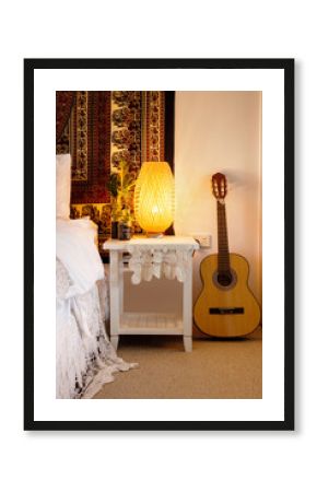 boho bedroom decor, guitar and lamp