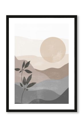 Mid century sunset print boho minimalist printable wall art abstract home decor sun print bohemian art work, vector