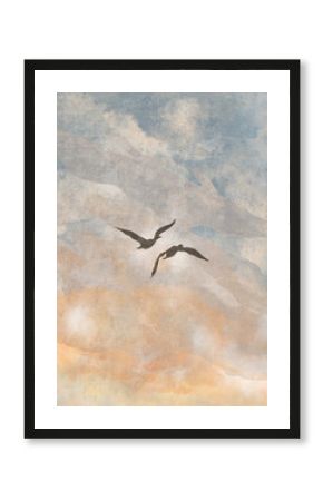 Boho Sky with Two Birds Print. Abstract Background. Bohemian printable wall art, boho poster, pastel abstract art, landscape drawing, sea painting. Hand Drawn Effect