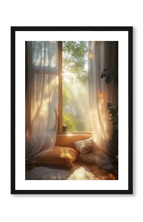 Ostara Witchy window nook with Ostara decorations, sun rays through sheer curtains, magical soft ambiance