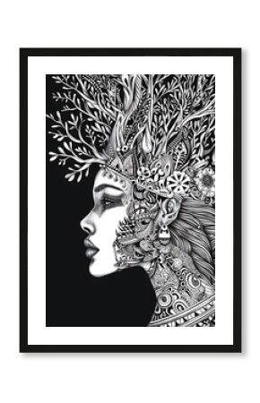 Intricate black and white pen and ink illustration of a woman with decorative headpiece photo