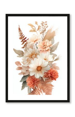 flower bouquet with beige white and terracotta blossoms arranged with grasses and foliage, rustic boho style botanical composition for autumn seasonal decor wedding or vintage floral design
