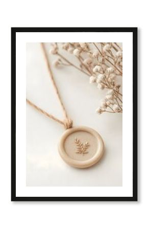 Beige Botanical Wax Seal Necklace on White Background