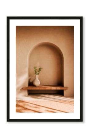 Aesthetic home decor with olive branch in vase on wood table and plaster wall, window sunlight shadow. Interior decoration in neutral boho style using natural material. Home design background.