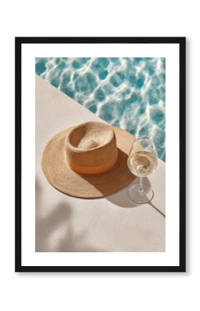 A stylish straw hat and glass of white wine beside a shimmering pool
