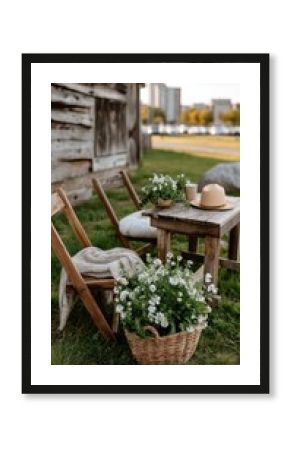 Charming backyard garden features rustic wooden chairs, straw baskets with flowers, and a boho-chic picnic setup beside a barn