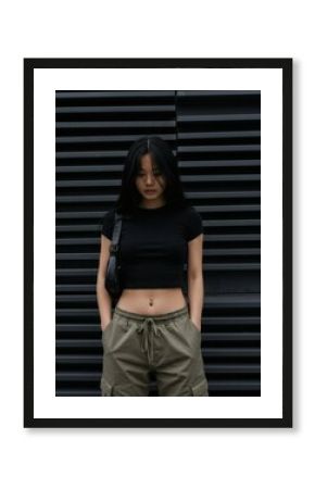 Stylish Woman in Black Crop Top and Cargo Pants Urban Fashion