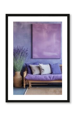Purple room with lavender, couch, art