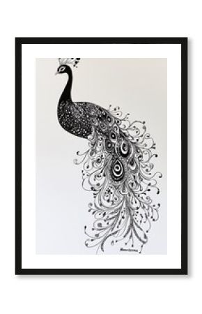 Ornate Black and White Peacock Illustration, Detailed Drawing with Feathers