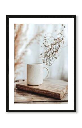 White mug mockup with a dry flower decoration on the wooden table.