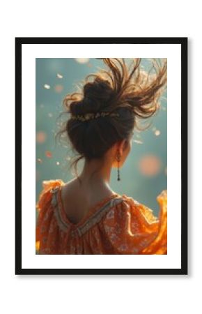 A woman with long brown hair and a floral dress stands with her back to the camera.