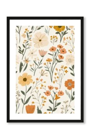 A muted pastel boho floral illustration featuring various flowers in an elegant design suitable for spring decor. Generative AI