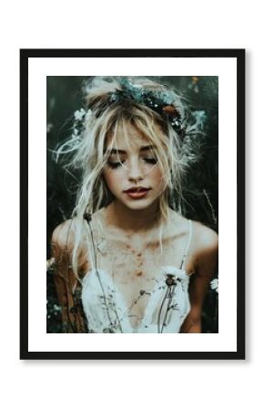 Blonde Woman in a Floral Crown, a Peaceful Rustic Portrait