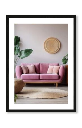 Pink velvet sofa, living room interior, wooden wall art, tropical plants, monstera leaves, bohemian decor, natural light, cozy atmosphere, minimalist design, wooden side table, textured throw pillows,