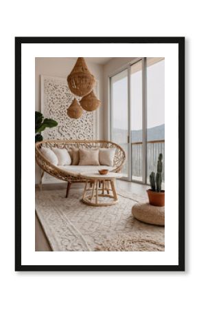 Serene bohemian inspired balcony with comfy seating natural accents green plants and beautiful mountain views Bohemian Style Interior Design Stock Photo Inspiration