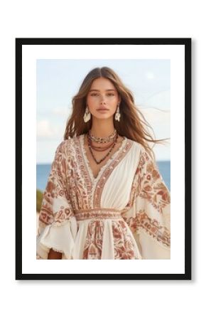 A model wearing a flowing bohemian dress with intricate ethnic patterns