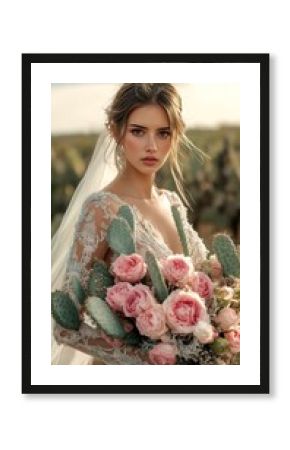 A young woman in a wedding dress holds a bouquet of pink flowers and cacti.
