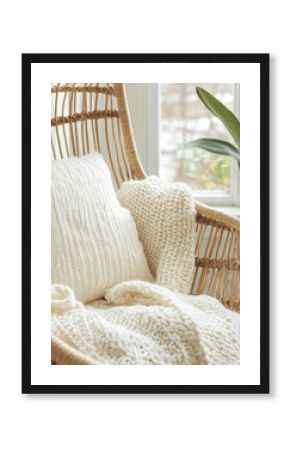 Rattan hanging chair cozy sunroom natural light soft knit blankets neutral cushions boho decor modern interior peaceful retreat minimalist relaxing corner airy bright tranquil stylish inviting space