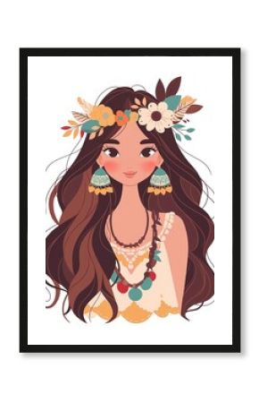 cartoon illustration cute boho Native  American woman wearing flower headdress with earrings and necklace