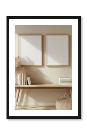 Beige entryway, framed prints, wooden console