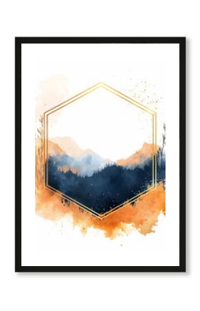 Abstract Watercolor Mountain Landscape with Golden Hexagon Frame, showcasing a serene nature scene with elegant design elements.